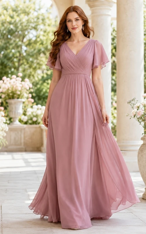 Mauve V-Neck Petal Sleeve Chiffon A-Line Floor-Length Garden Formal Dress