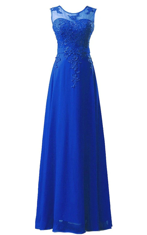 Magnifique robe longue sans manches en mousseline avec application de dentelle