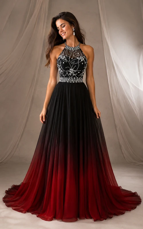 Robe de bal en tulle noir, dos nu, col montant, coupe trapèze, longueur au sol, ornée de perles et d'un effet ombré.