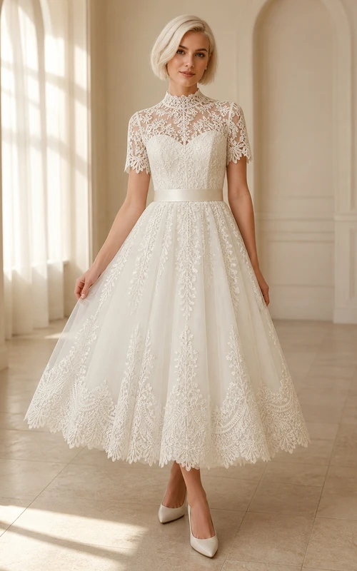 Elegant Mother Tea-length A-Line Satin Waist Cap Sleeve Lace Dress