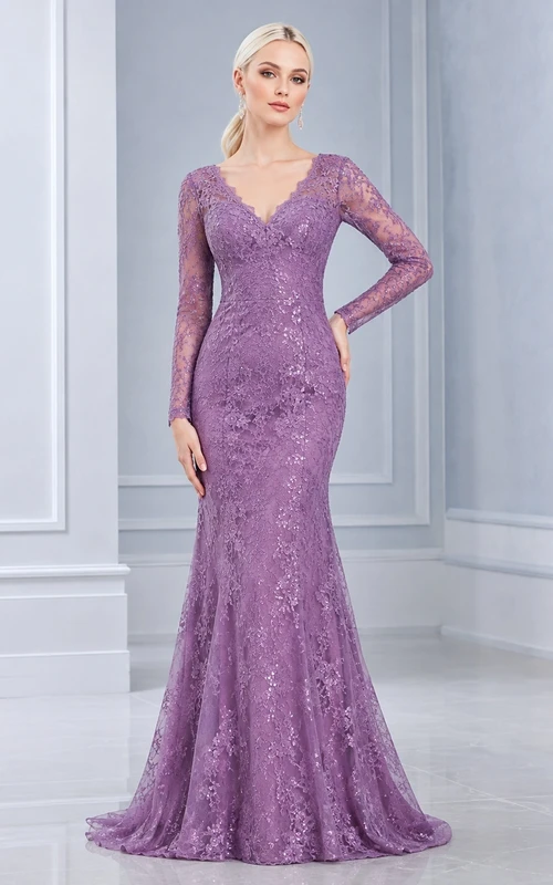 Mauve Long Sleeve V-Neck Lace Mermaid Sweep Train Modest Formal Prom Gown