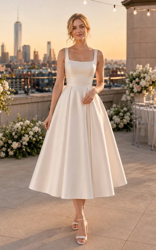 Robe de mariée midi en satin à col carré et dos nu avec nœud, style rooftop