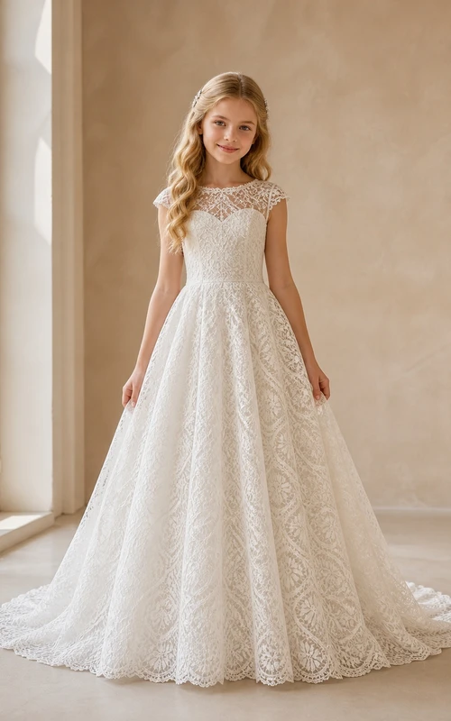 Princess A-Line Scoop Sleeveless Floral Lace Chapel Train Flowergirl Dress