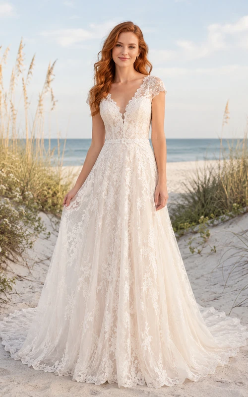 Brautkleid im A-Linien-Stil mit kurzen Ärmeln und Spitze