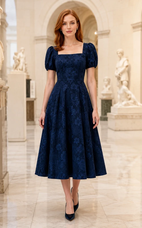 Museum Dark Navy Square Neck Jacquard Velvet A-Line Tea-Length Puff Sleeve Dress