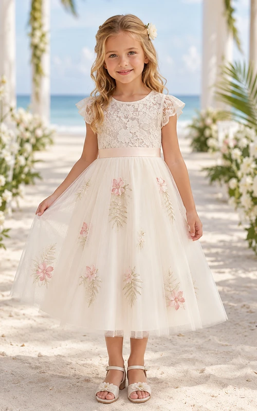 Vestido bohemio elegante para niña de las flores, cuello joya, manga corta, tul, largo midi, apliques botánicos.