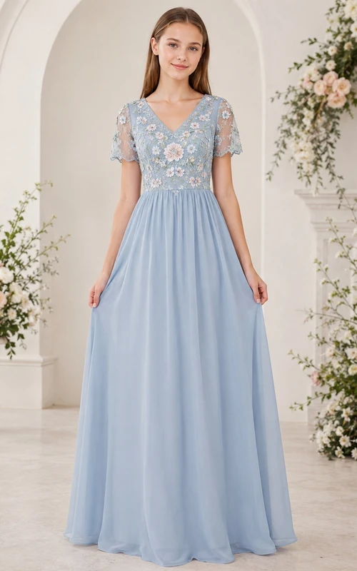 Himmelblaues Brautjungfernkleid für junge Mädchen, A-Linie, V-Ausschnitt, kurze Ärmel, Illusion-Spitze, Chiffon, besticktes Oberteil, romantisch