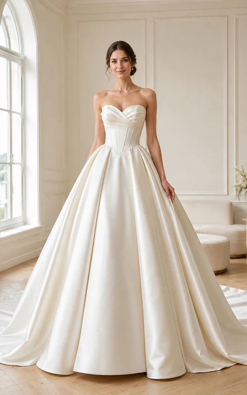 Robe de mariée classique en satin, bustier cœur, traîne chapelle, plis structurés, fermeture éclair au dos