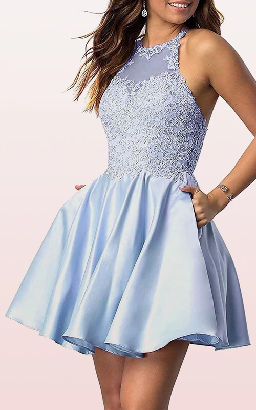 Ärmelloses, bezauberndes Mini-Kleid aus Satin und Spitze in A-Linie mit Falten – ein hinreißendes Homecoming-Kleid