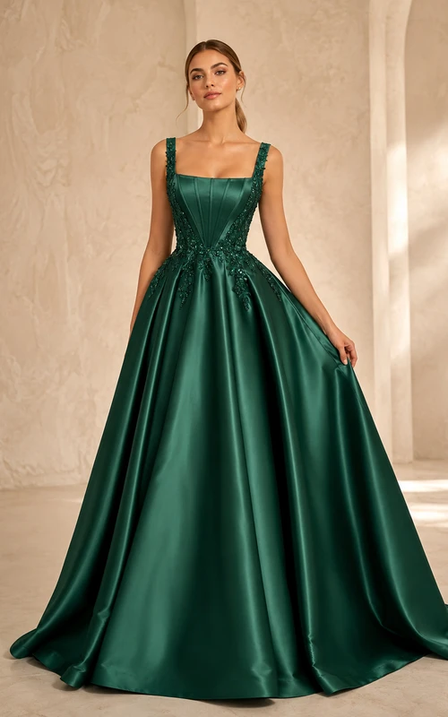 Dark Green Simple Square Neck Straps Satin Court Train Sweet Sixteen Formal Ball Gown