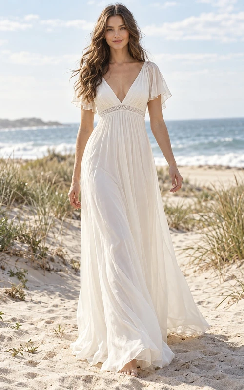 Boho Simple Empire V-neck Flutter Sleeve Chiffon Bridal Wedding Dress