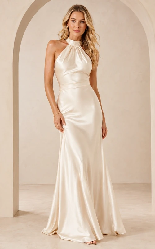 Vestido de noche formal sencillo, largo hasta el suelo, de satén color marfil, con escote halter y espalda descubierta.