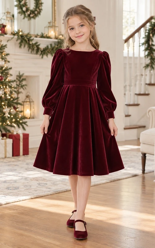 Burgunderfarbenes Samtkleid für Blumenmädchen mit langen Bischofsärmeln, Rundhalsausschnitt und knielangem Schnitt