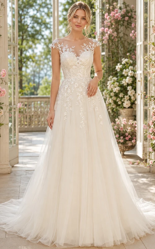 Robe de mariée en dentelle et tulle, coupe trapèze, col en V, manches courtes, traîne.