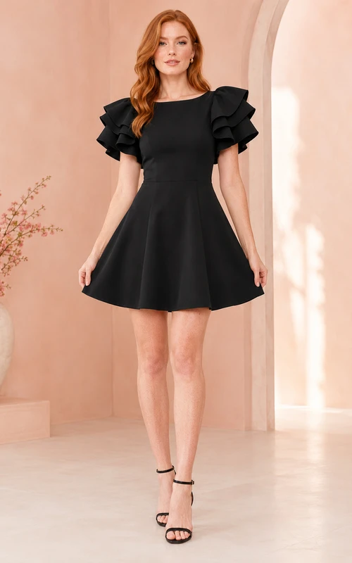 Minivestido negro de corte A con mangas de volantes superpuestos, ideal para fiestas de bienvenida, cócteles y eventos como invitada a bodas.