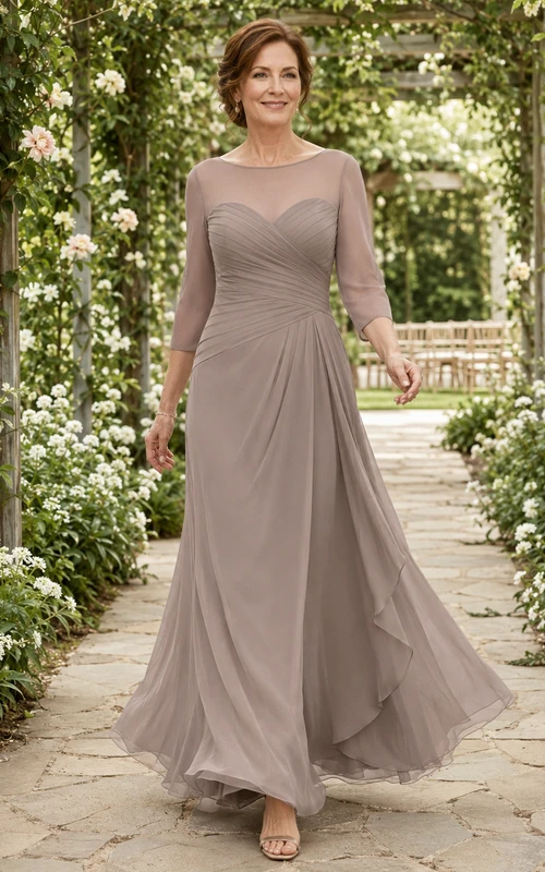 Taupe illusion sleeve sweetheart chiffon A line mother gown