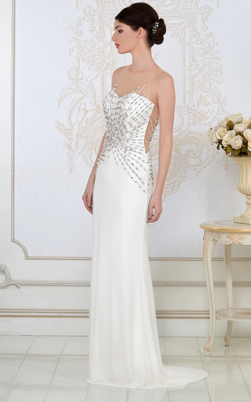 Robe de soirée fourreau en jersey sans manches à encolure ronde et ornée de perles, longue jusqu'au sol