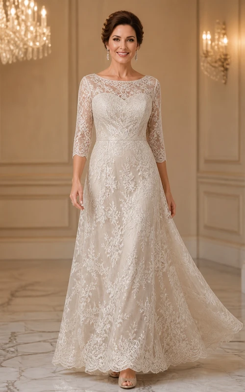 Robe de mère de la mariée radieuse et modeste, coupe trapèze, en dentelle, longueur au sol, manches trois-quarts, col bateau, manches trois-quarts, pour une mariée plus âgée.