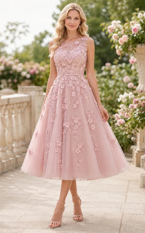 Vestido largo hasta la rodilla con apliques florales 3D en tono rosa pálido