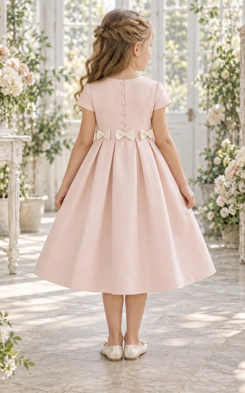 Schlichtes, dezentes, rosafarbenes, teelanges Blumenmädchenkleid mit flacher Schleife, kurzen Ärmeln und weichen Falten
