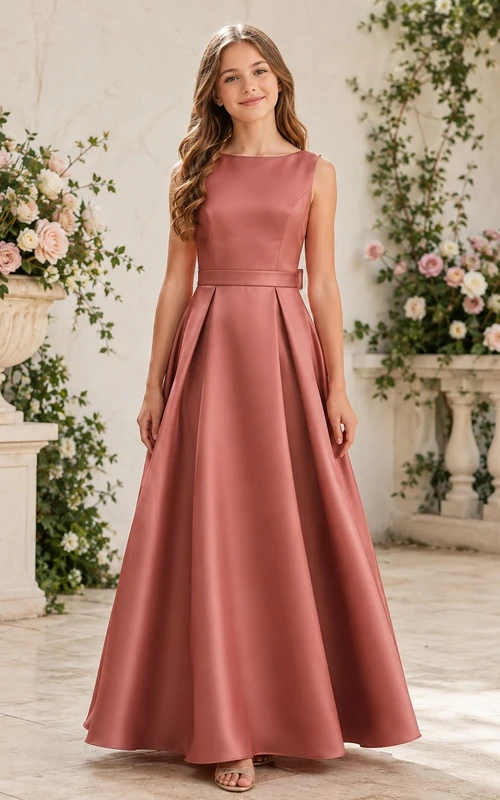 Altrosafarbenes Brautjungfernkleid, A-Linie, ärmellos, Satin, Schleife, romantisch