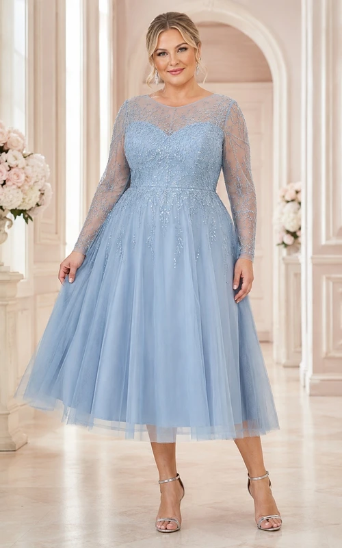 Plus Size Teelänge Langarm Illusion Tüll A-Linien-Kleid