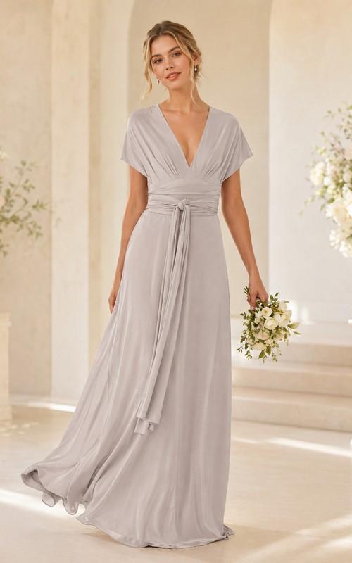 modest bridesmaid dresses with sleeves V Neck Ruffles Long Maid of Honor – Floor Length Fully lined bodice and skirt Modest Bridesmaid Dresses - Elegant