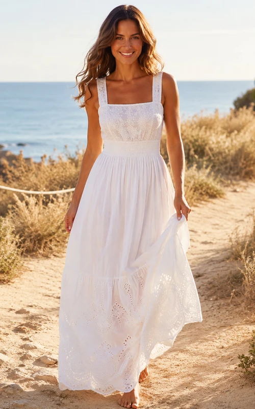 Boho Ibicenco Cotton A Line Square Neck Straps Floor Wedding Dress