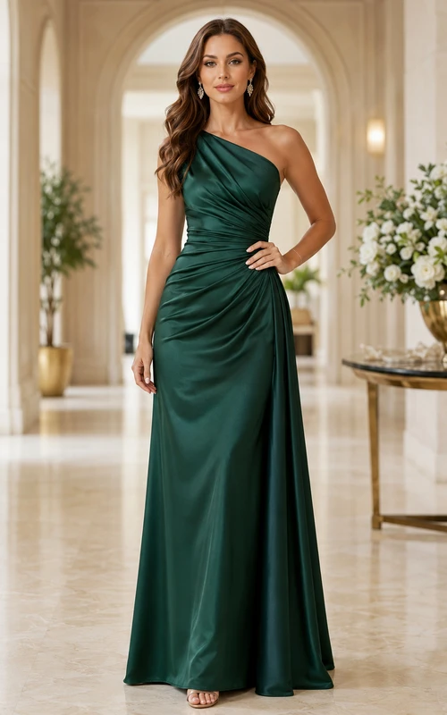 Emerald One Shoulder Draped Satin Formal Dress