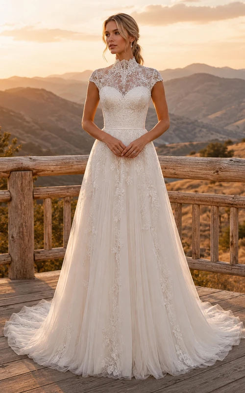 Modest High Neck Cap Sleeve Floral Lace A Line Chapel Wedding Gown