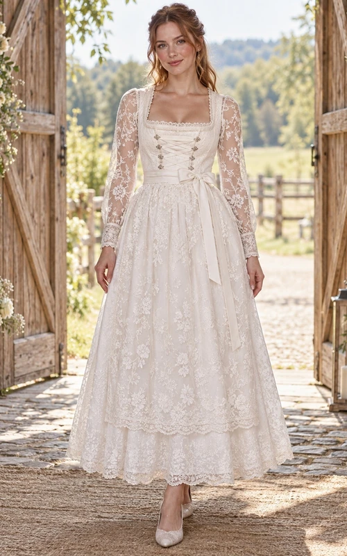 Robe de mariée Dirndl champêtre à manches longues et col carré en dentelle, tablier en dentelle