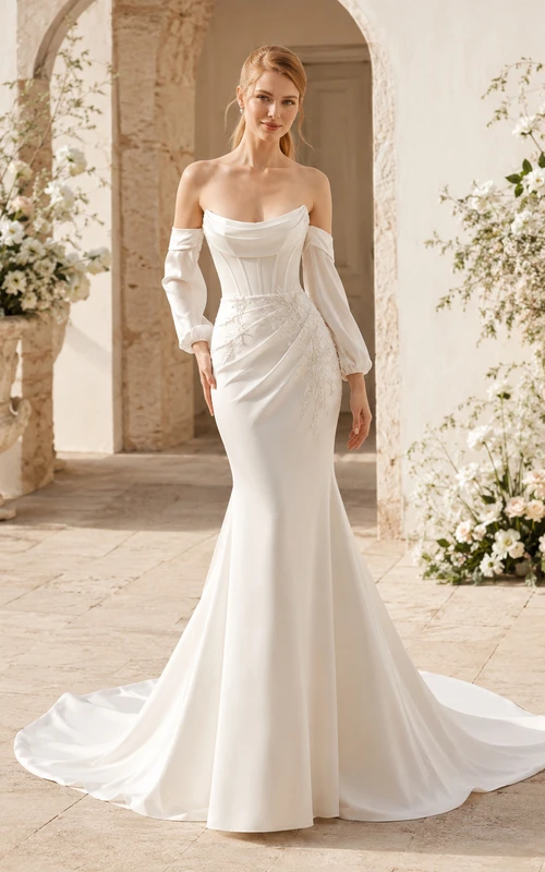 Robe de mariée sirène traditionnelle en satin, col carré, manches amovibles, traîne chapelle. Idéale pour les mariages à destination.