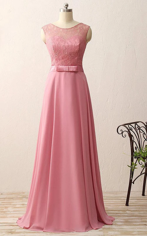 A-line Floor-length Chiffon Lace Satin Dress