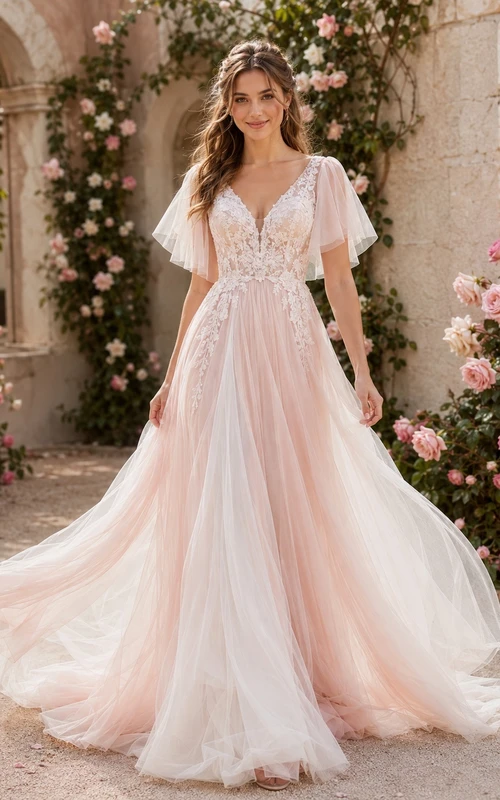Robe de mariée romantique rose poudré en mousseline de soie, col en V, manches papillon, coupe trapèze, traîne, ornée de dentelle.