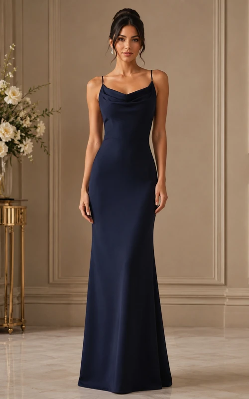 Vestido de dama de honor de satén azul marino oscuro con cuello drapeado y corte recto.