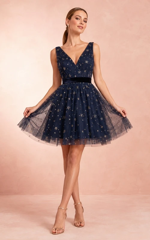 Marineblaues Tüllkleid mit Sternenstickerei und Samtbund für den Abschlussball, in einem tiefen Marineblau