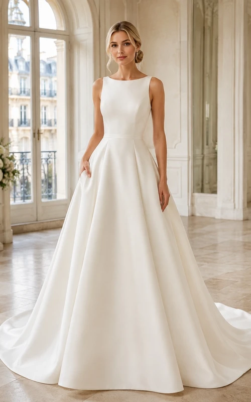 Vestido de novia sencillo y modesto con cola de corte A y escote barco.