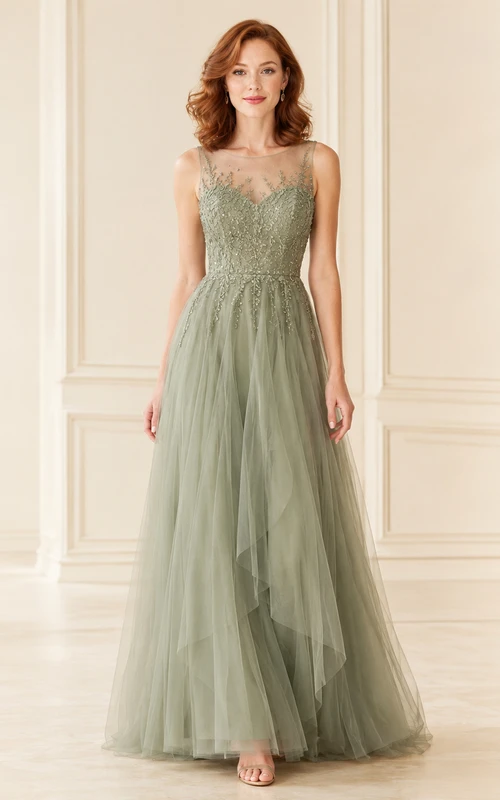 Salbeigrünes Tüll-A-Linien-Kleid mit Illusionsausschnitt
