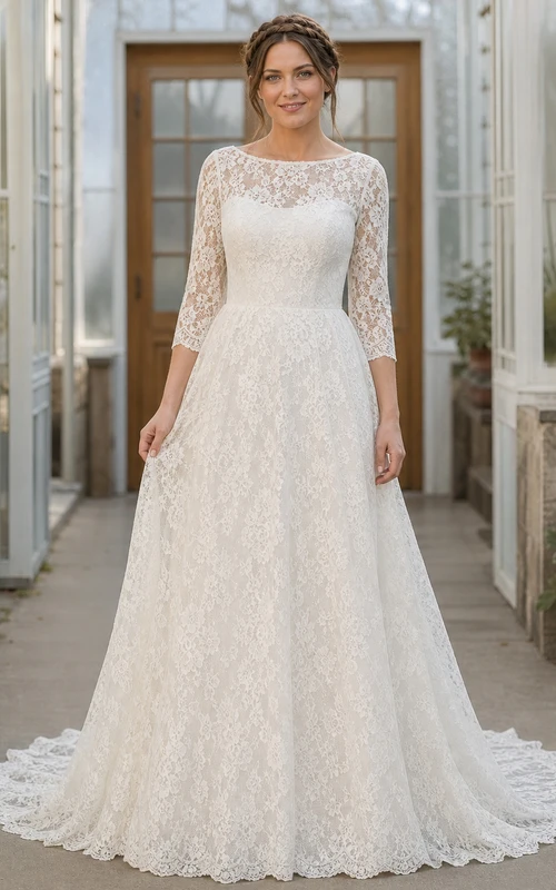 Vestido de novia sencillo, de corte A, con escote barco y mangas tres cuartos, estampado floral y largo hasta el suelo.
