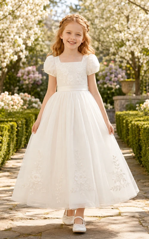 Vestido de niña de las flores, corte A, blanco, para Primera Comunión, con estampado floral y mangas con volantes.