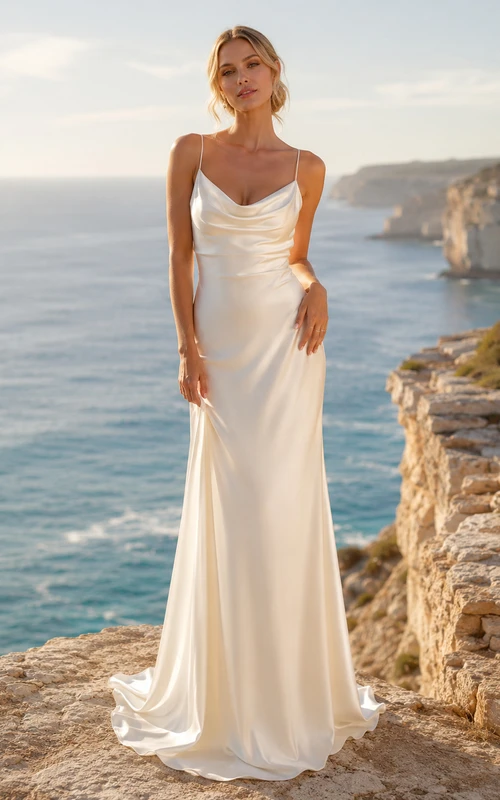 Cowl Neck Low Back Satin Cliffside Elopement Dress