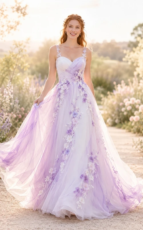 Lavendelfarbenes Ombré-Brautkleid aus Tüll in A-Linie mit Herzausschnitt, Spaghettiträgern und Kapellenschleppe