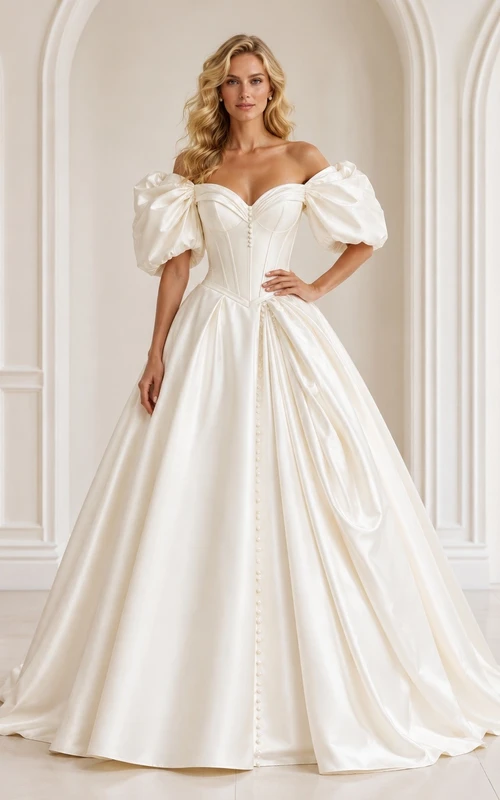 Vestido de novia vintage elegante de satén blanco con mangas cortas, escote Bardot y corte en A.
