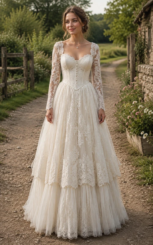 Vintage-Hochzeitskleid im Landhausstil mit langen Ärmeln, gestufter Spitze und voluminösem Tüllrock