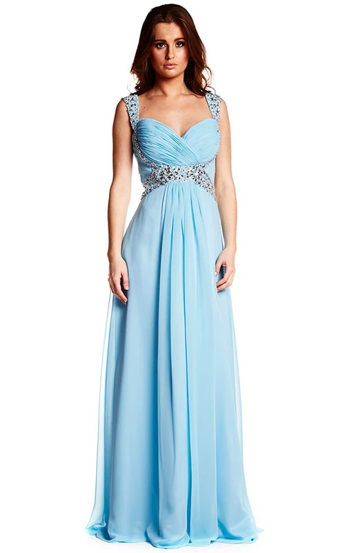 Robe de bal sans manches en mousseline à bretelles croisées et ornée de perles