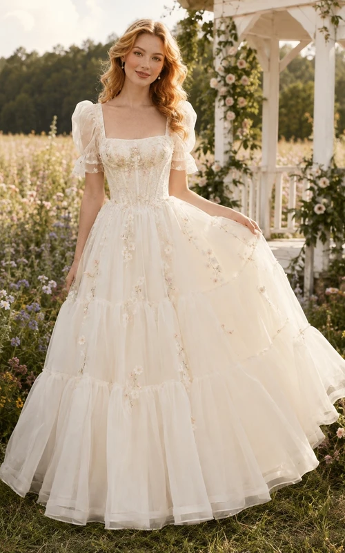 Vestido de novia blanco romántico de corte A con escote corazón y apliques de encaje, manga larga
