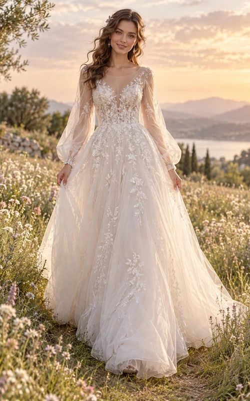 Robe de mariée fluide en tulle et dentelle florale à manches longues, coupe trapèze, style bateau