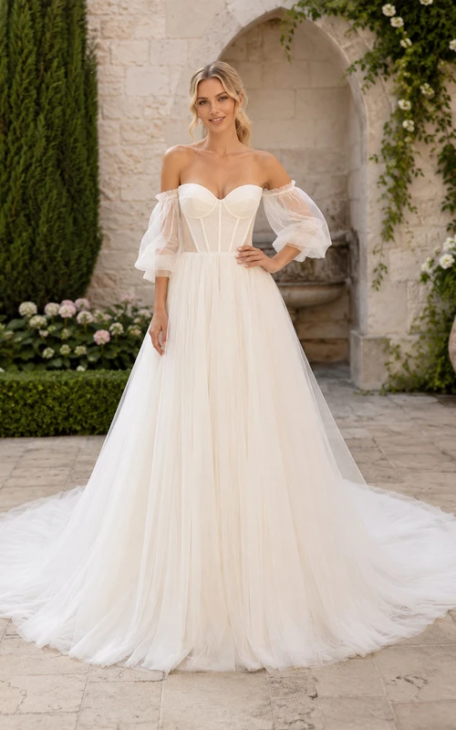 Lace Tulle Wedding Dress A-Line Strapless Sweetheart Short Sleeve Sweep Train Bridal Gown