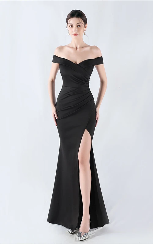 Classic One-Shoulder High Fork Fishtail Satin Evening Dress