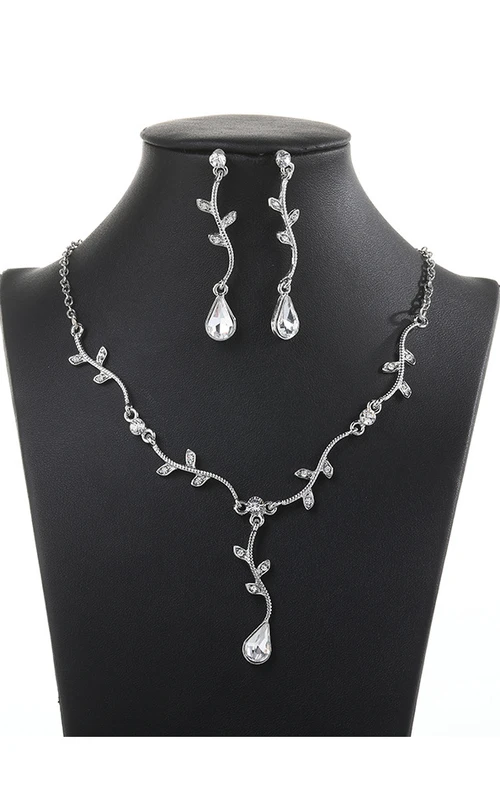 Modernes Schmuckset mit Strass-Halskette und Ohrringen in Blätter- und Birnenform